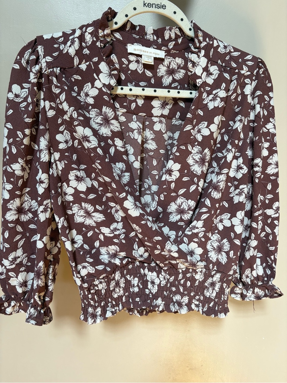 Monteau Brown Floral Wrap Crop Blouse